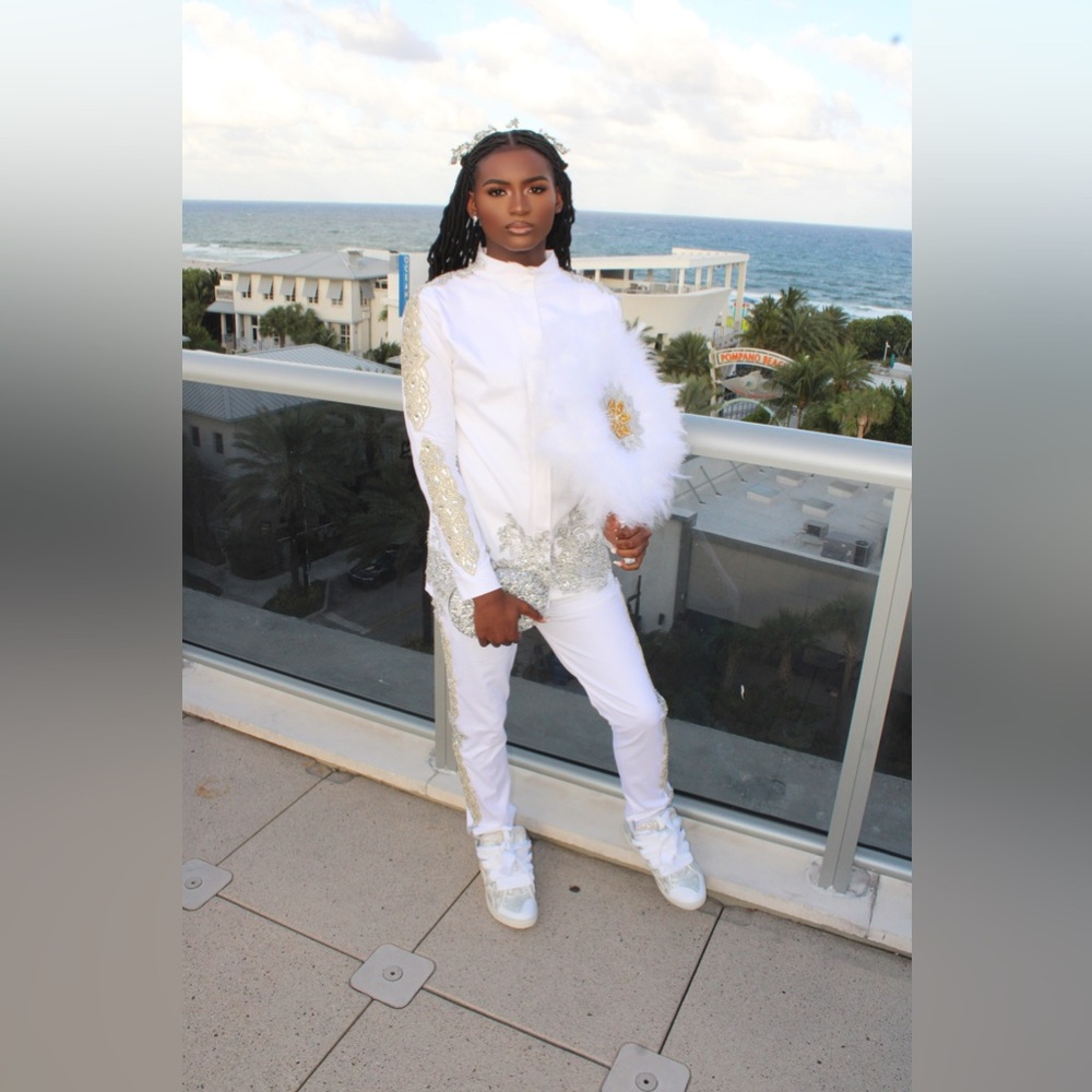 Custom white diamond prom suit. Medium
